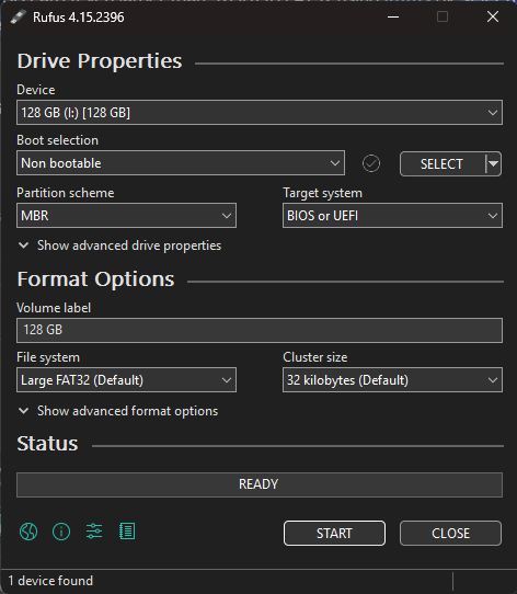 Rufus FAT32 Format Settings